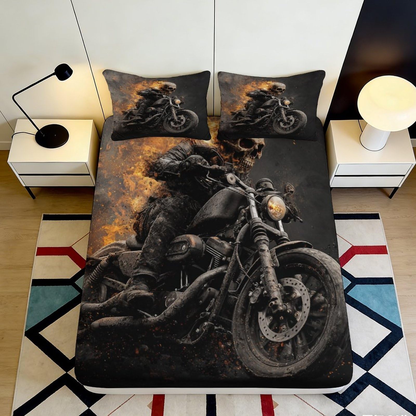 3D Printed Flaming Skull Biker Fitted Sheet Microfiber Durable Breathable Ghost Rider Bed Cover for Bedroom Dormitory Guest Room Mattress Protection 200x200x25cm