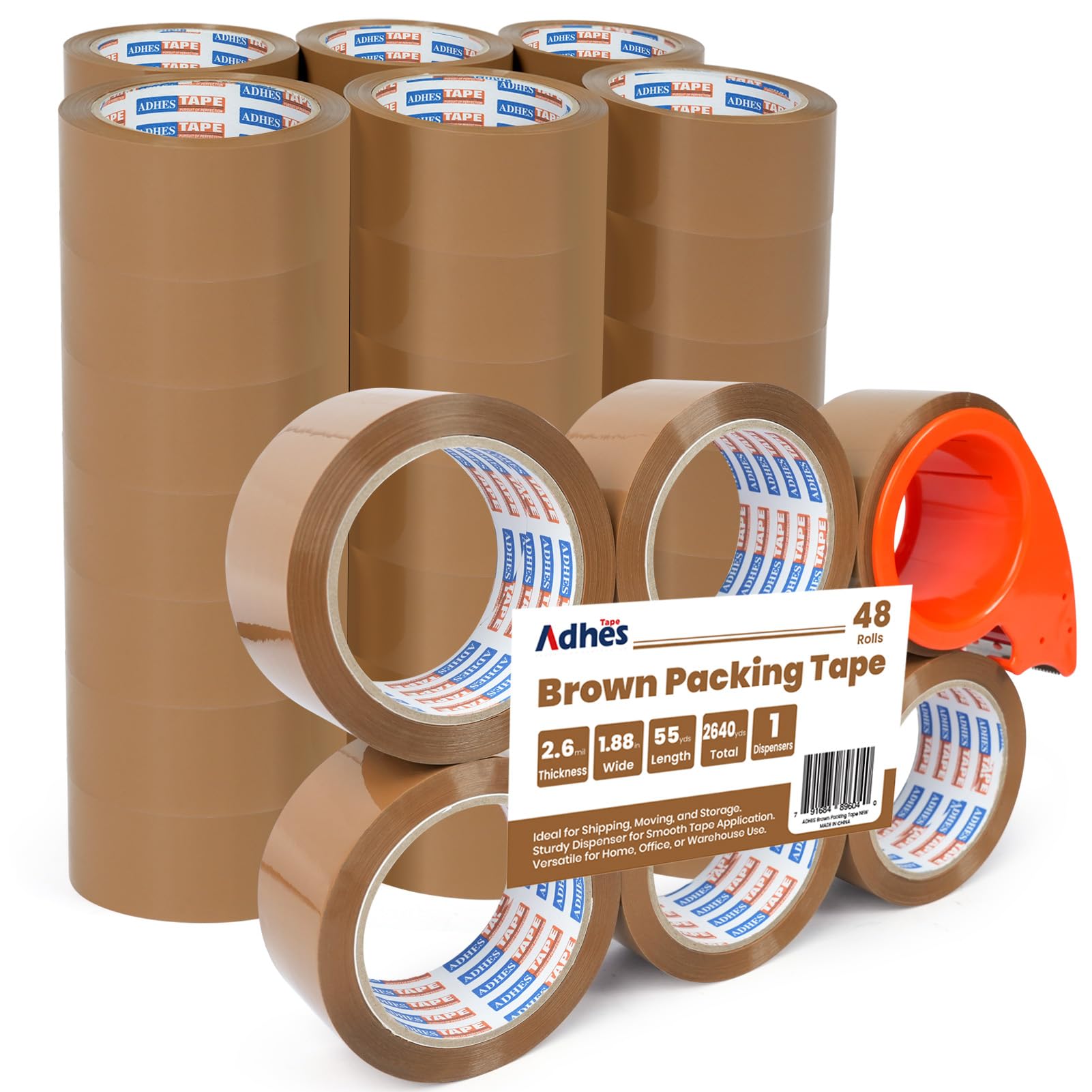 ADHES 48 rollos Marrón Cinta Adhesiva Universal para Embalar de envasado para película,cinta de embalaje 48mm x 50m, con cortadora, caja de cartón para transporte y movimiento