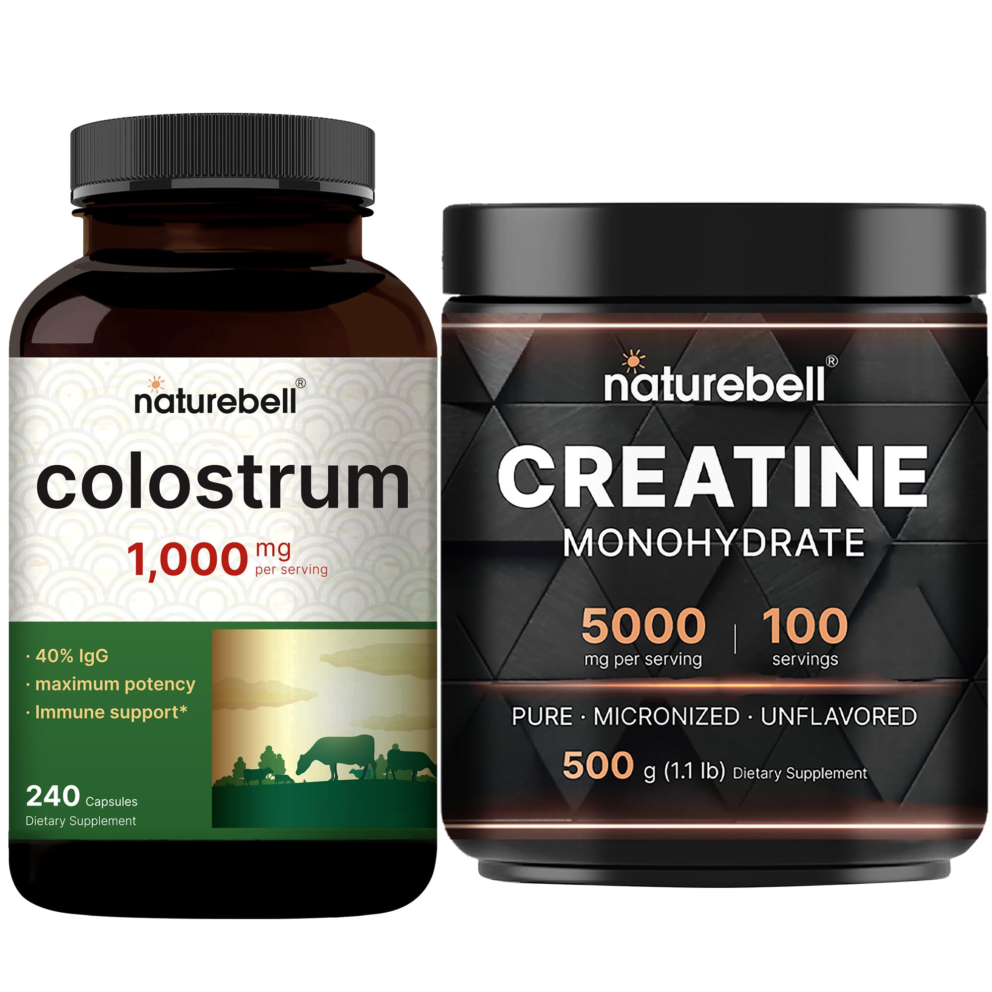 NatureBell Creatine Monohydrate Powder & Colostrum 240 Capsules 1,000mg Per Serving Bundle Pack | High Absorption Micronized Creatine | Mother’s First Milk from Grass Fed Bovine