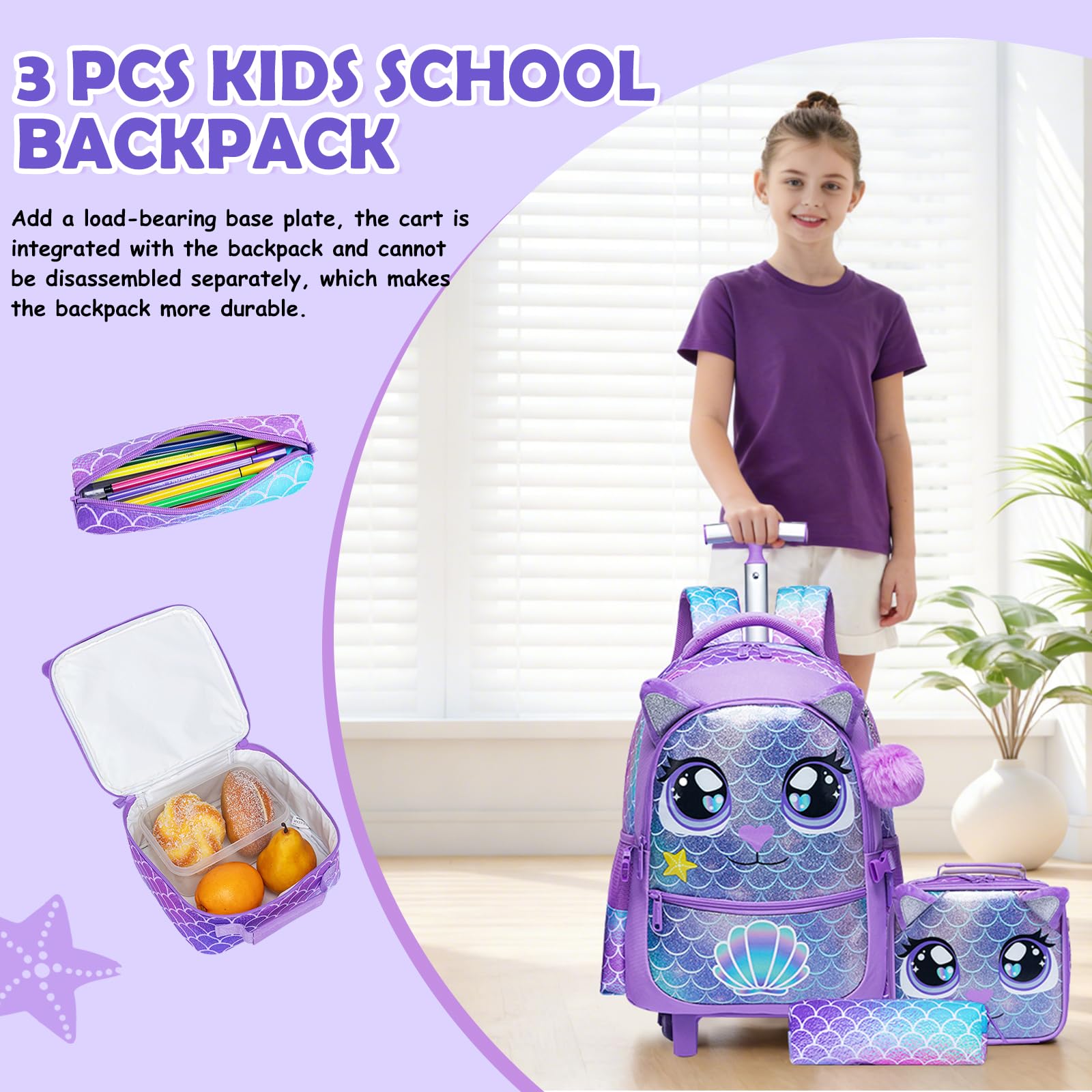 Kinder Rucksack mit Rollen für Mädchen die Schule Große Augen Tier Leopard Koffer Schultrolley Komplett mit Lunchbag Federmäppchen-Set Geeignet Grundschüler Jugendliche 5-12 Jahre Alt Lila