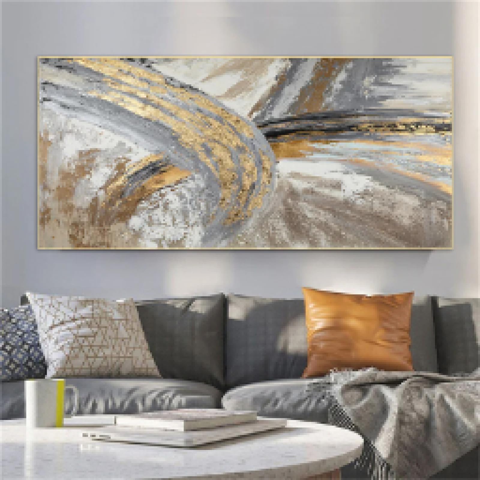 Golden Framed Abstract Canvas Painting Wall Art Picture Modern Luxury Poster and Prints for Home Interior Living Room Decor 50x115cm/20x45inch With-Gold-Framed Ready to Hang