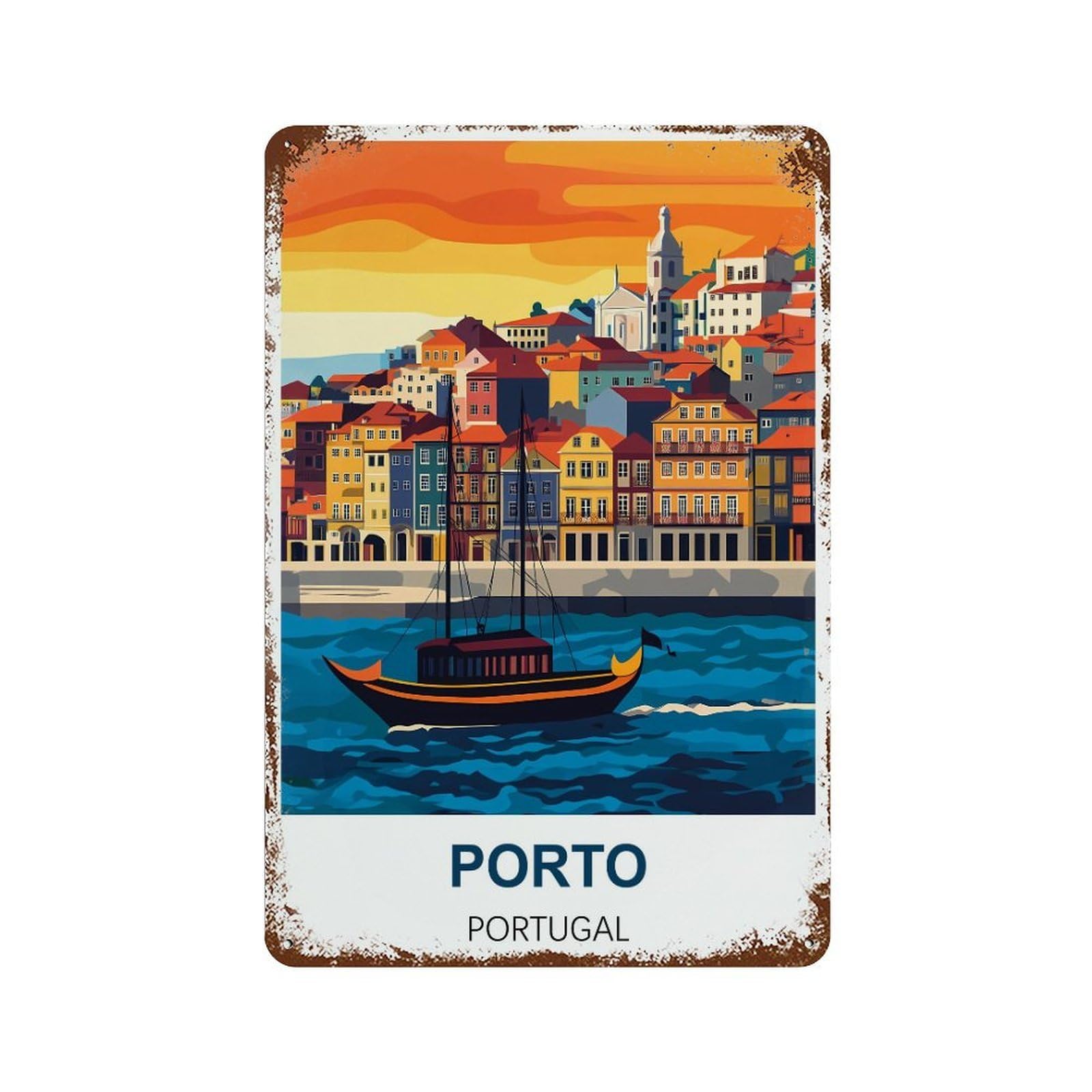 Porto Portugal Retro Design Tin Paintings Vintage Tin Sign 08x12inch(20x30cm) Wall Art for Home Office Bedroom Living Room Cafes Wall Decor