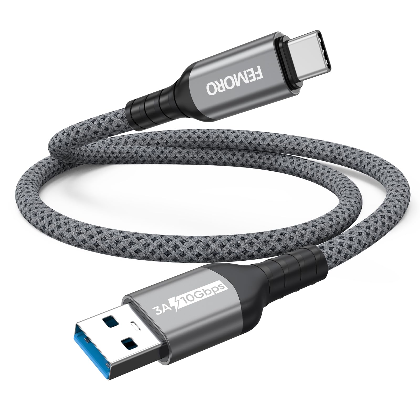 FEMORO USB A to USB C Data Cable 1ft Short, 10Gbps USB 3.2 Gen2 High Speed Transfer, 3A Fast Charge A to Type C Cord for Android Auto/Carplay Portable SSD Laptop Tablet Phone Camera iMac