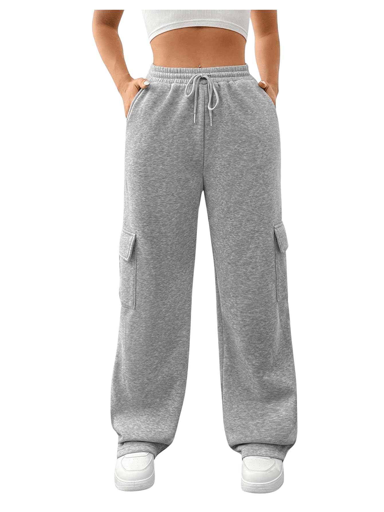 RoseSeek Girl's Elastic Waist Straight Leg Sweatpants Loose Casual Cargo Pants with Pocket Grey 12Y