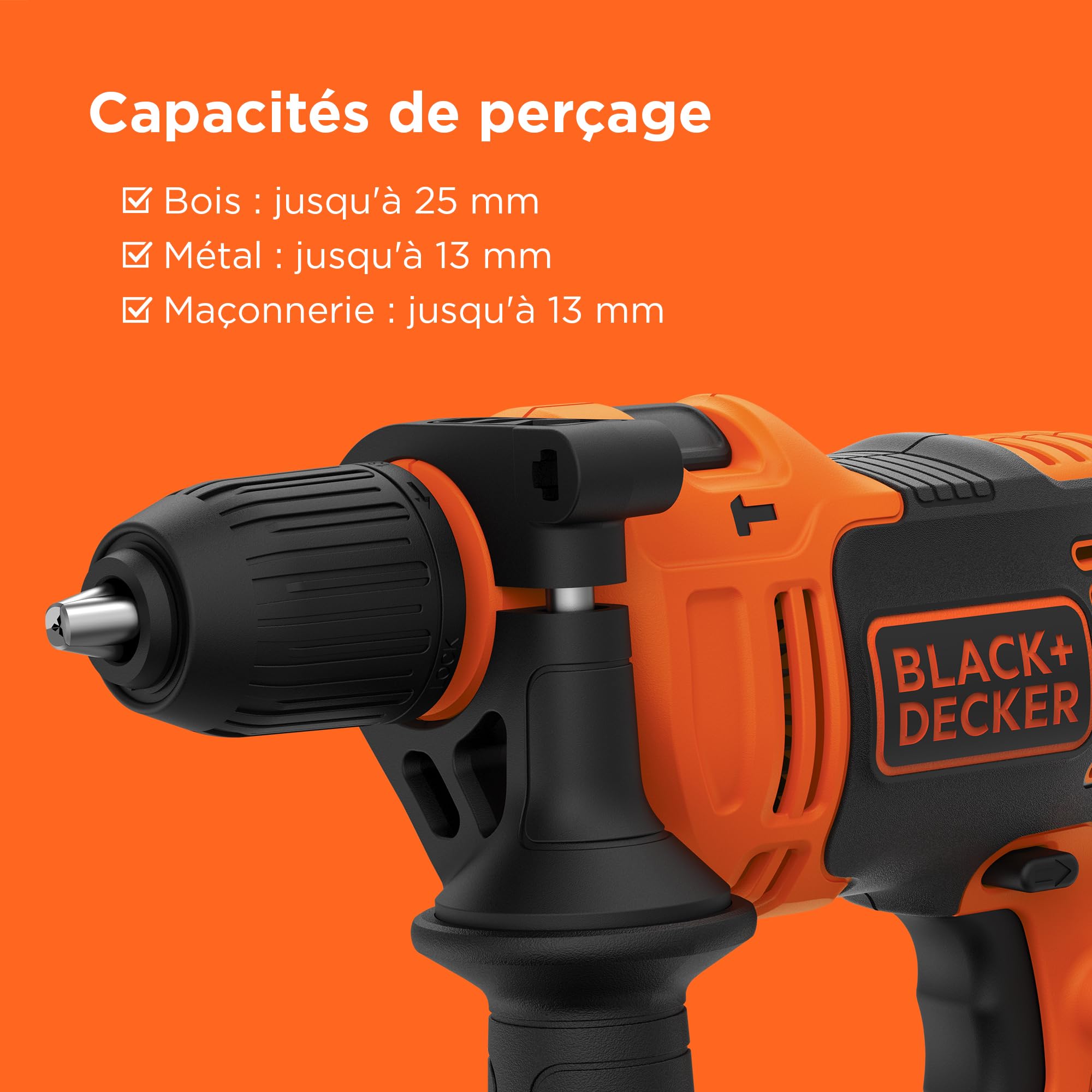 BLACK+DECKER Perceuse à percussion filaire haute performance de 710 W, 0-2800 tr/min, avec 4 forets et boîte de kit, BEH710K-QS
