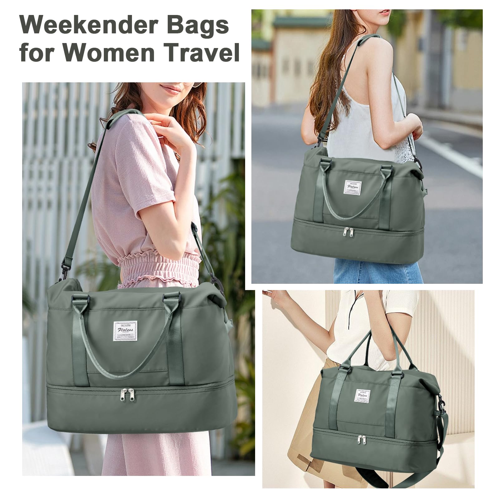 Borsone da Viaggio Donna, 45x36x20 Easyjet Bagaglio a Mano Borsa da Viaggio con Scomparto per le Scarpe, Borsa Sportiva Borsone da Palestra Grande, Borsa da Weekend,E2-Verde militare