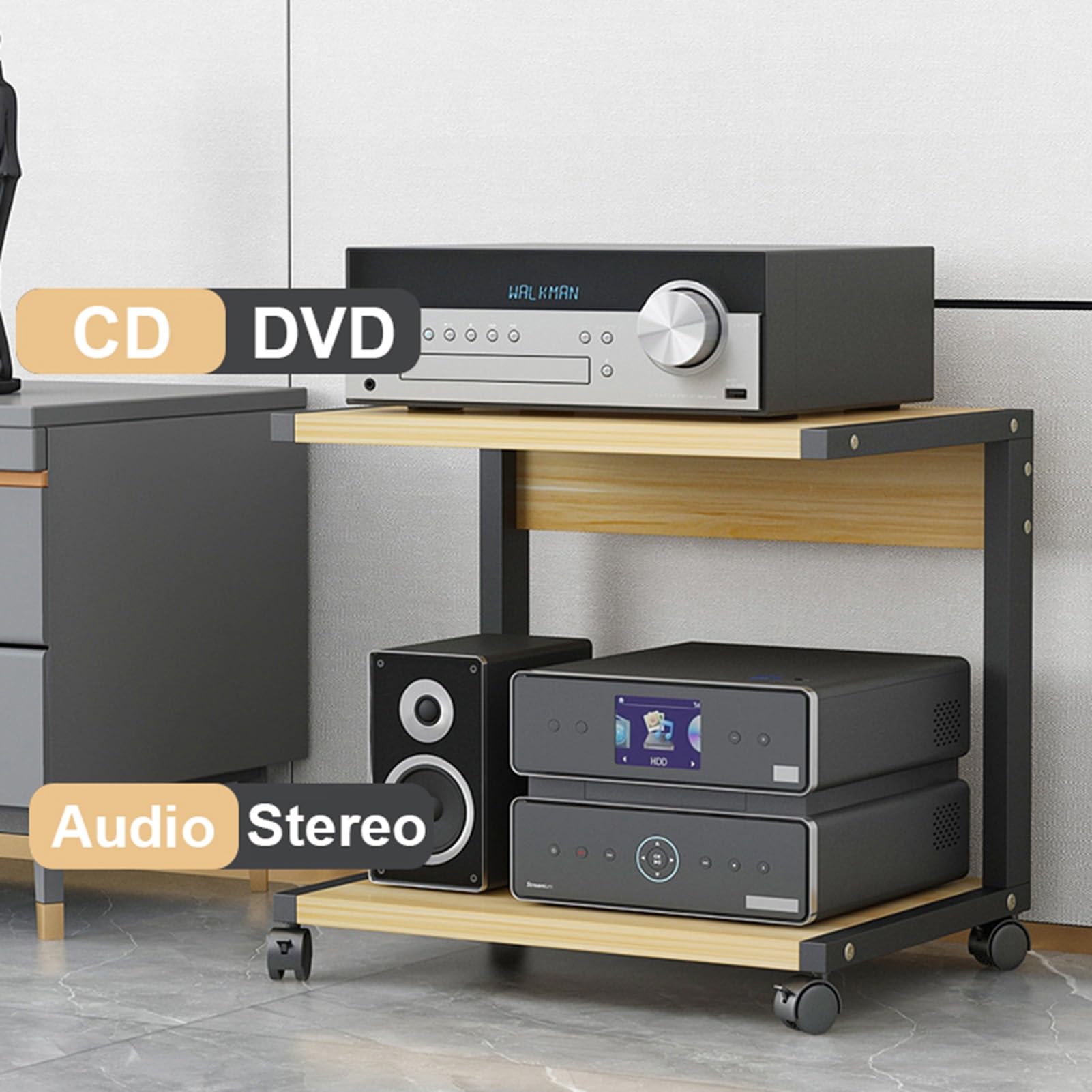 Supporto multimediale mobile a 2 livelli con ripiano multifunzione aperto per lettore DVD/TV box/console di gioco/accessori TV, armadio componente stereo audio-video (L, H 35 cm)