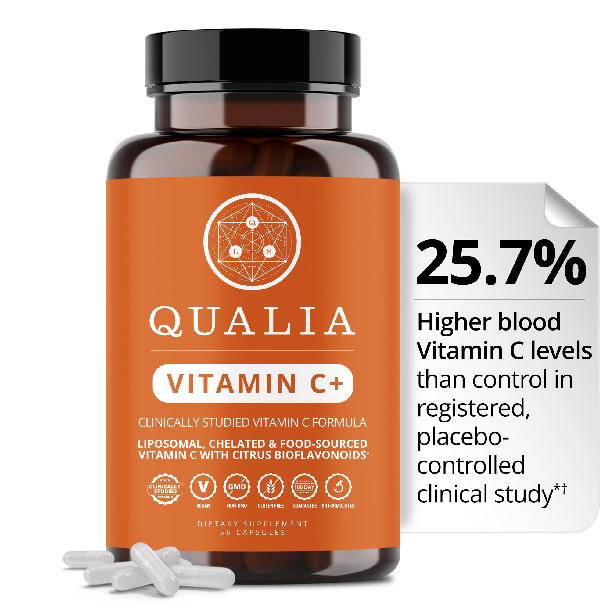 Qualia Vitamin C+ | Clinically Studied, Doctor Formulated | 7 High-Absorption Forms Including Liposomal PureWay-C®, Chelated & Food-Sourced with Citrus Bioflavonoids, Zinc, & Rose Hips | 500 mg 56 Count (Pack of 1)
