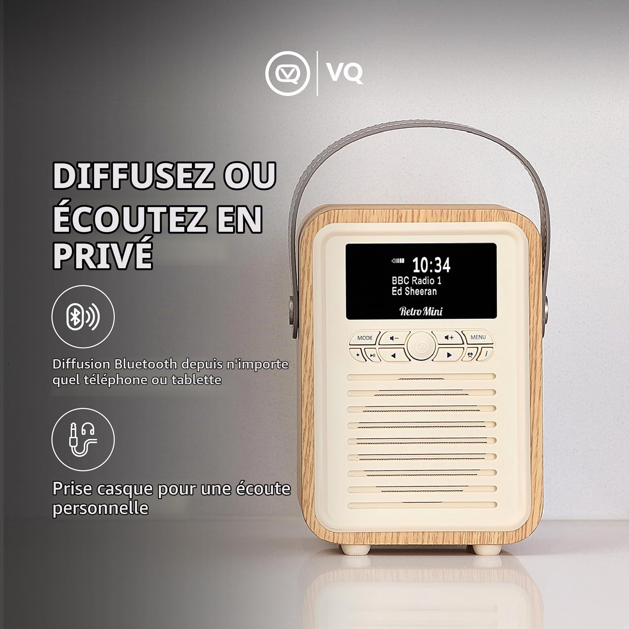 VQ Retro Mini Radio Dab Plus/Dab avec Bluetooth, FM et Radio Réveil Fonction - Alimentée par Secteur et Batterie Radio Portable avec Antenne, Prise Casque et Port de Charge USB – Chêne