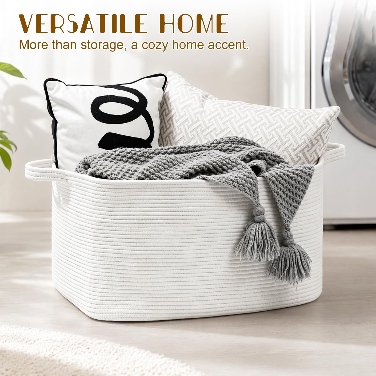 Cesto Portabiancheria in Corda Intrecciata 50L, Cesta Portabiancheria con Manici per Coperte, Giocattoli, Peluche, Vestiti, 46 x 36 x 30 cm (Bianco)