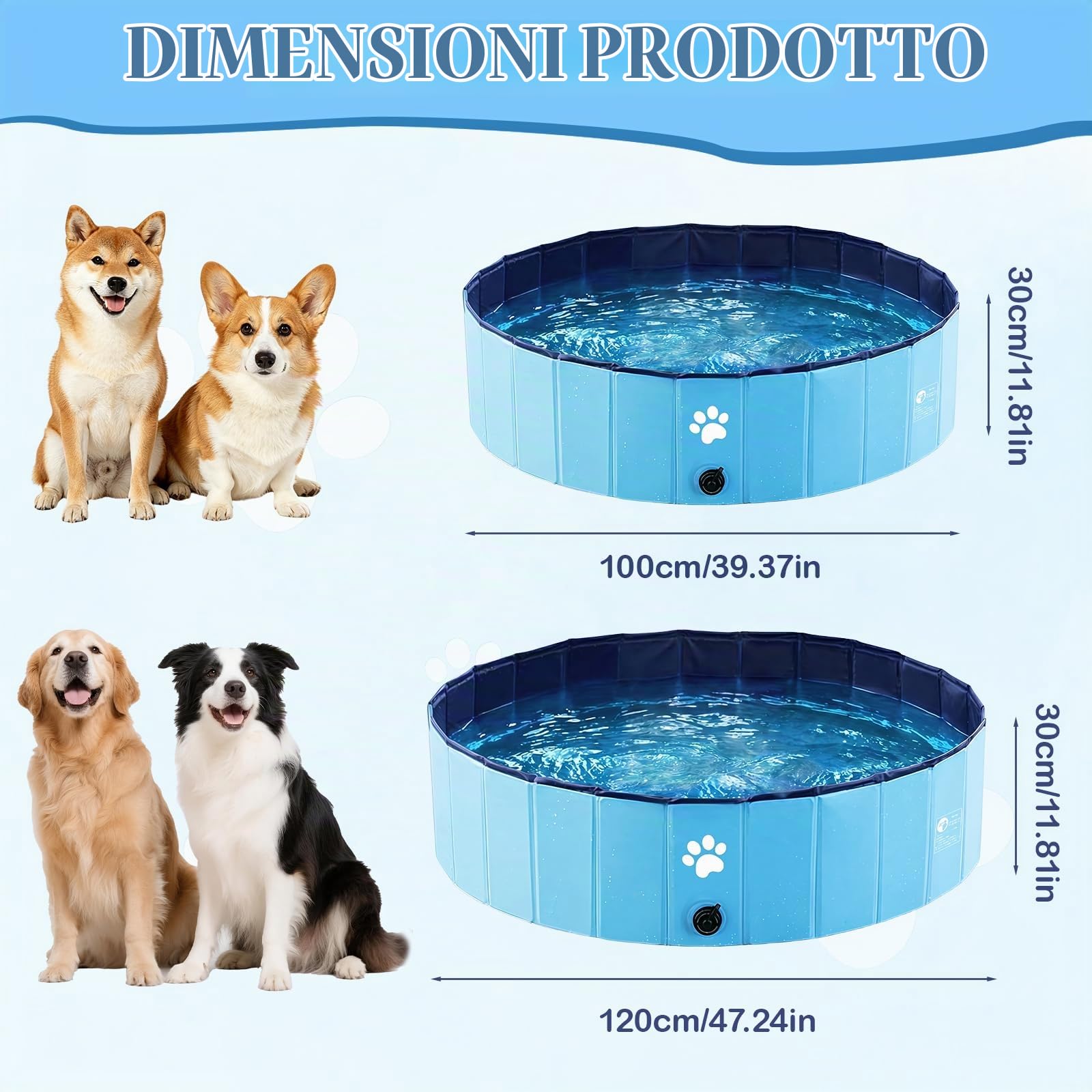 Piscina per Cani Pieghevole, Portatile Vasca da Bagno per Animali, Piscinetta per Animali Domestici per Cani Grandi e Piccoli, per all'Aperto Interno Giardino, Blu, 100 x 30 cm