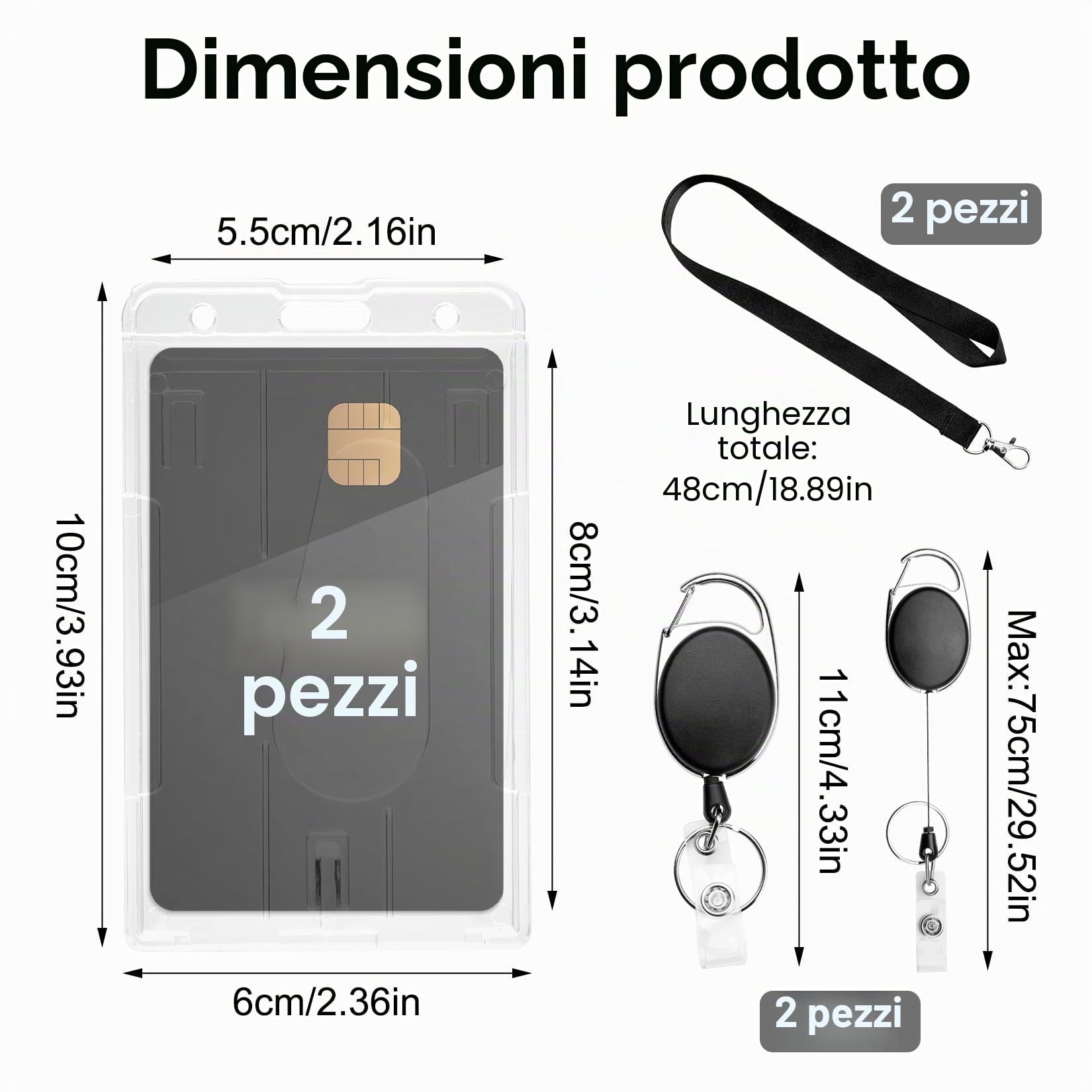 Porta Badge Retrattile con Cinturino, Portabadge Collo, Porta Tessere Custodie Trasparenti con Portachiavi Allungabile Filo Acciaio, 2 Set