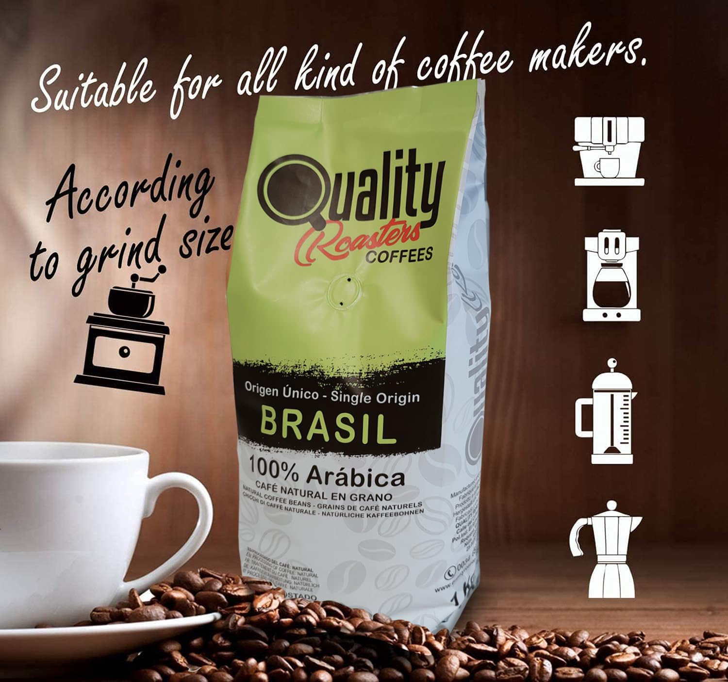 Café en grano natural 100% Arábica Origen único Brasil Tostado artesanal Tueste medio 1 kg