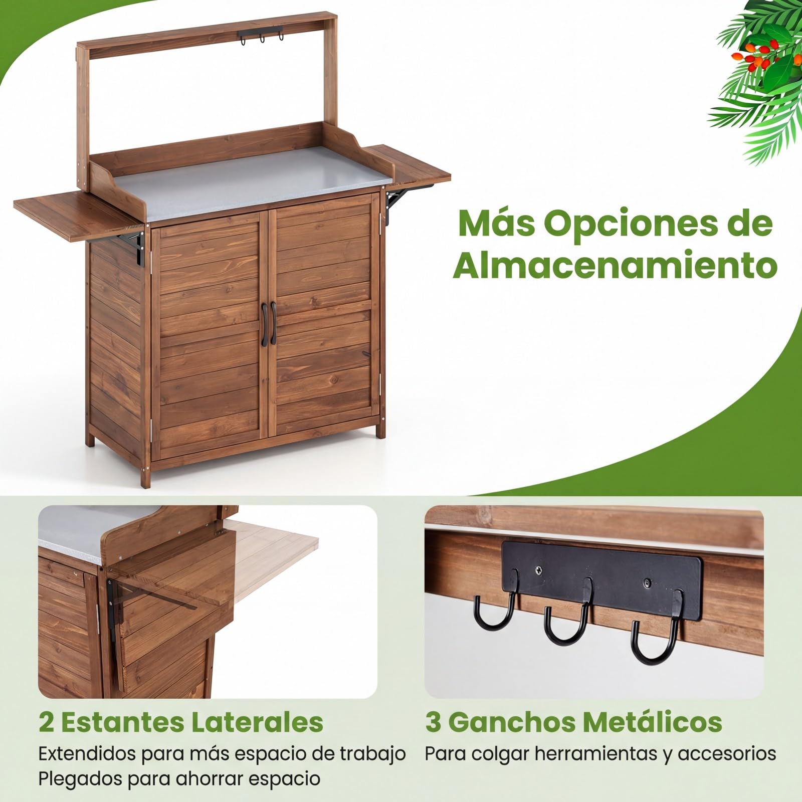 COSTWAY Mesa de Trabajo para Exteriores, Mesa de Jardinería de Madera con Tablero Metálico, Armario, Estantes Laterales Plegables, Estante Ajustable, Banco de Trabajo para Jardinería y Plantación