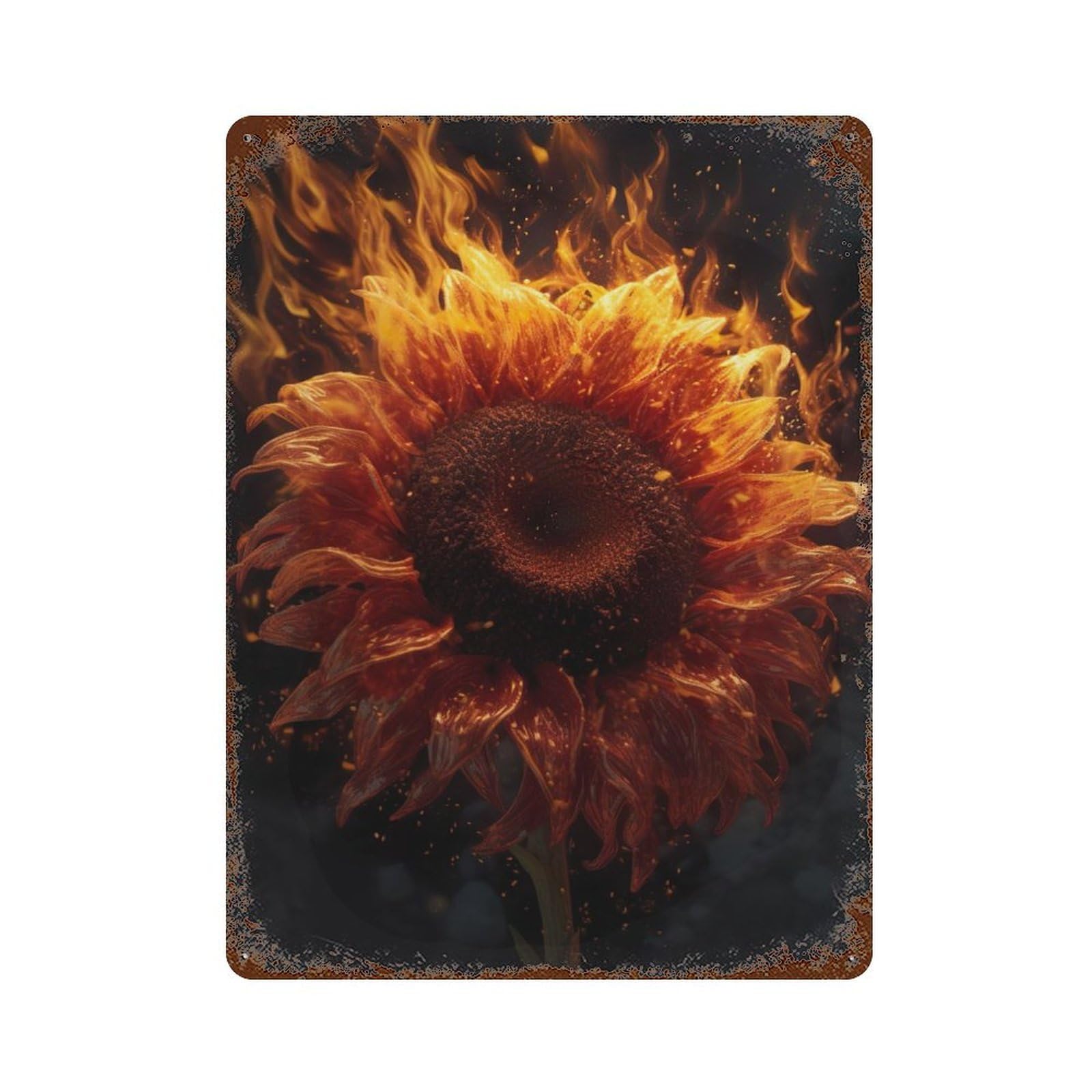 Sunflower Flames Embers Rustic Tin Plaque 15.7"x11.8", for Shed, Workshop And Garage Wall Decor, Shabby Chic Decor