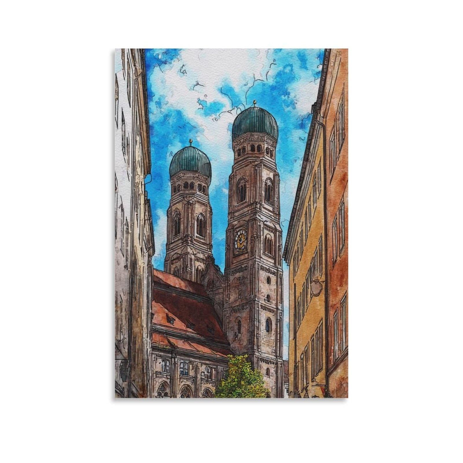 Cnaheiz Unframe-Style Munich Germany 24X36inch(60X90cm) Vintage Travel Poster Watercolor Canvas Art