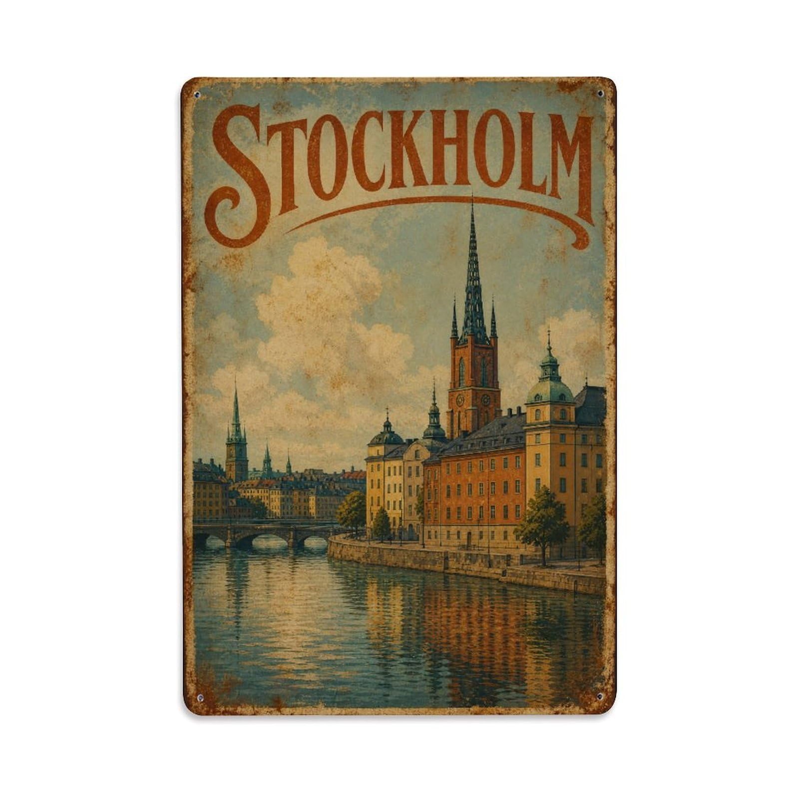 Huiyhb 8X12inch(20X30cm) Vintage Travel Stockholm Scenic Waterways Sweden Metal Tin Sign