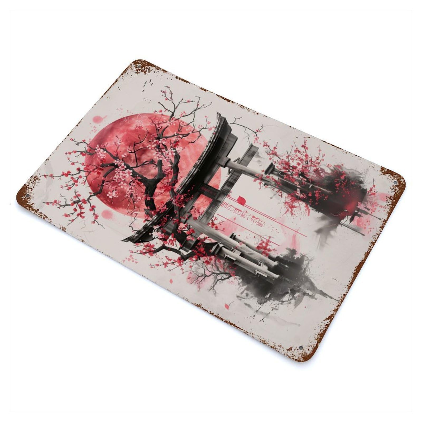 Weathered Tin Sign with Torii Gate Sakura Design 11.8"x7.9", for Shed, Workshop And Garage Wall Decor, Decorative Metal Wall Art