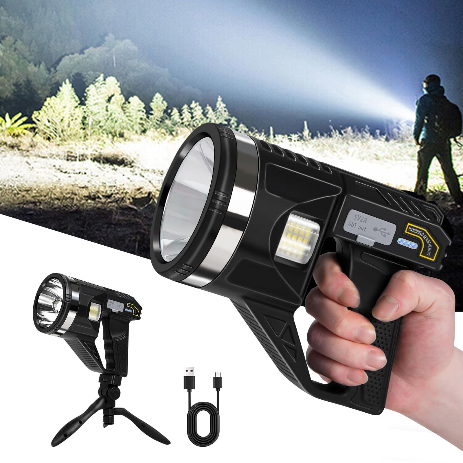 Torcia LED Ricaricabile con Proiettore - 1500 Lumen Super Luminosa, 6 Modalità, IPX7 Impermeabile, 4500mAh 25H, Luce COB, Treppiede Regolabile per Esterno, Sicurezza, Emergenza
