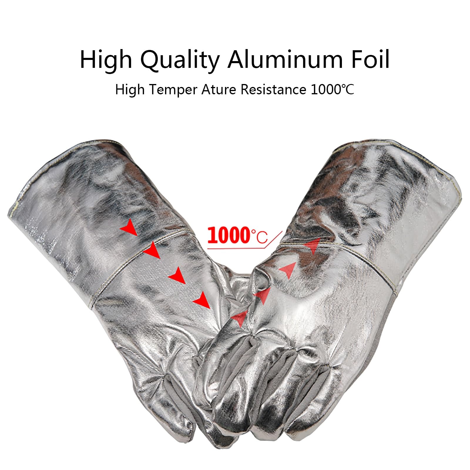 Hitzebeständige Handschuhe, Aluminium-Folien-Schweißhandschuhe mit Zwei Rinderrindenhandflächen, Handschuhe für Grill und Kamin(15in)