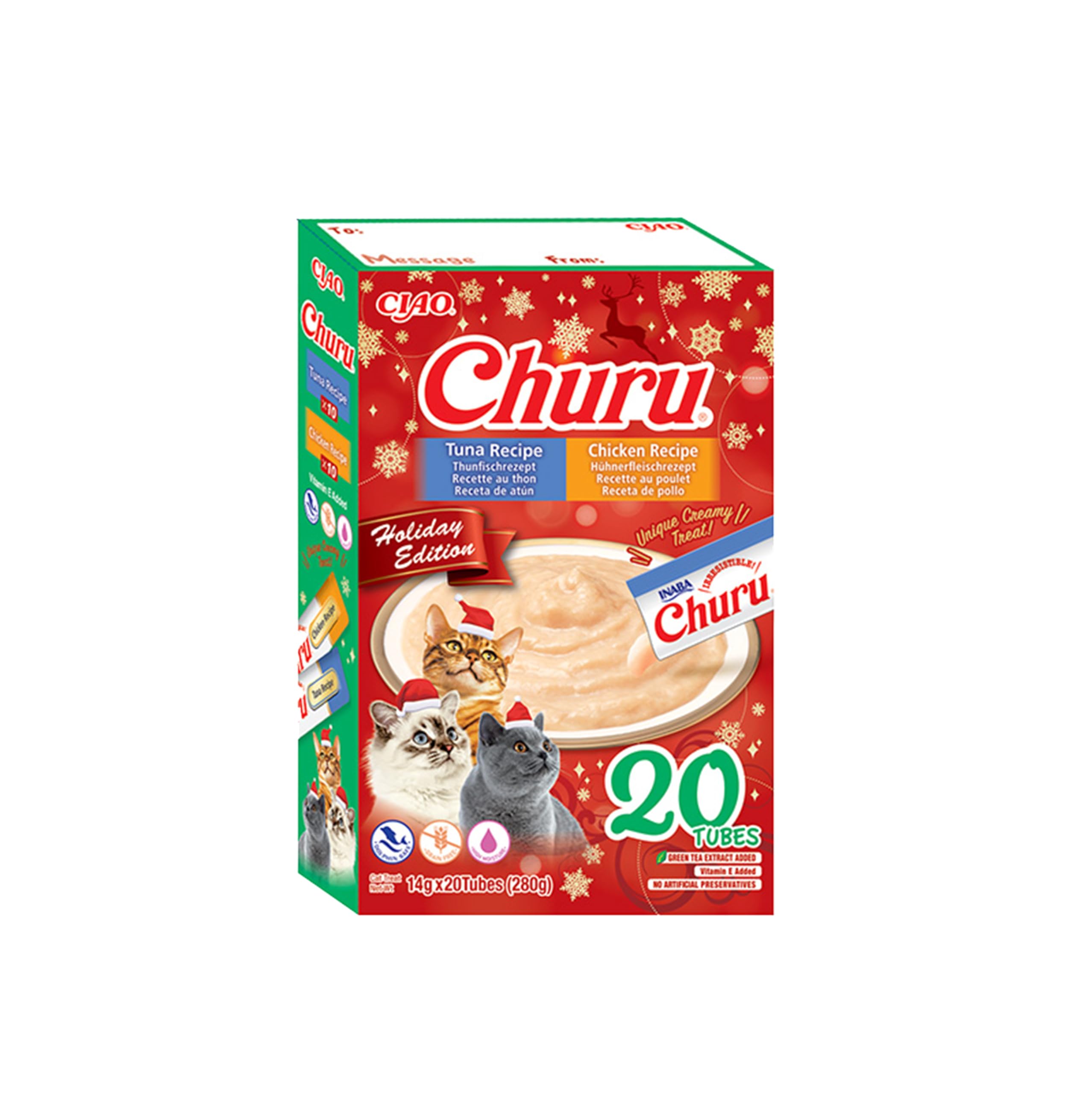 INABA Churu Cat Treat - Holiday Edition - Tuna and Chicken - 1 Pack (20 x 14g total) / Soft & Creamy, Delicious & Healthy Cat Treat, Natural, Grain Free