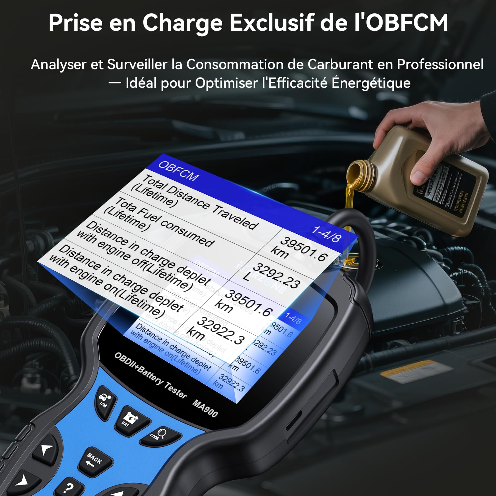 MA900 Testeur de Batterie Voiture + Outil de Diagnostic OBD2, avec Test de Décharge, Test de Démarrage, Test de Charge, Lecture OBFCM/Codes/Données Temps Réel,pour Voitures et Motos-12V/24V