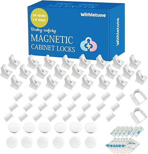Paquete de 24 cerraduras magnéticas Withletune para gabinetes a prueba de niños, viene con 6 llaves, 2 soportes de montaje y 6 juegos de adhesivos