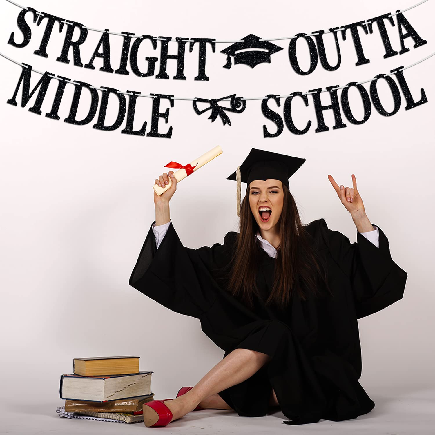 Abschluss-Banner "Straight Outta Middle School" – Wimpelkette Mit Glitzerbuchstaben Für Jung & Mädchen