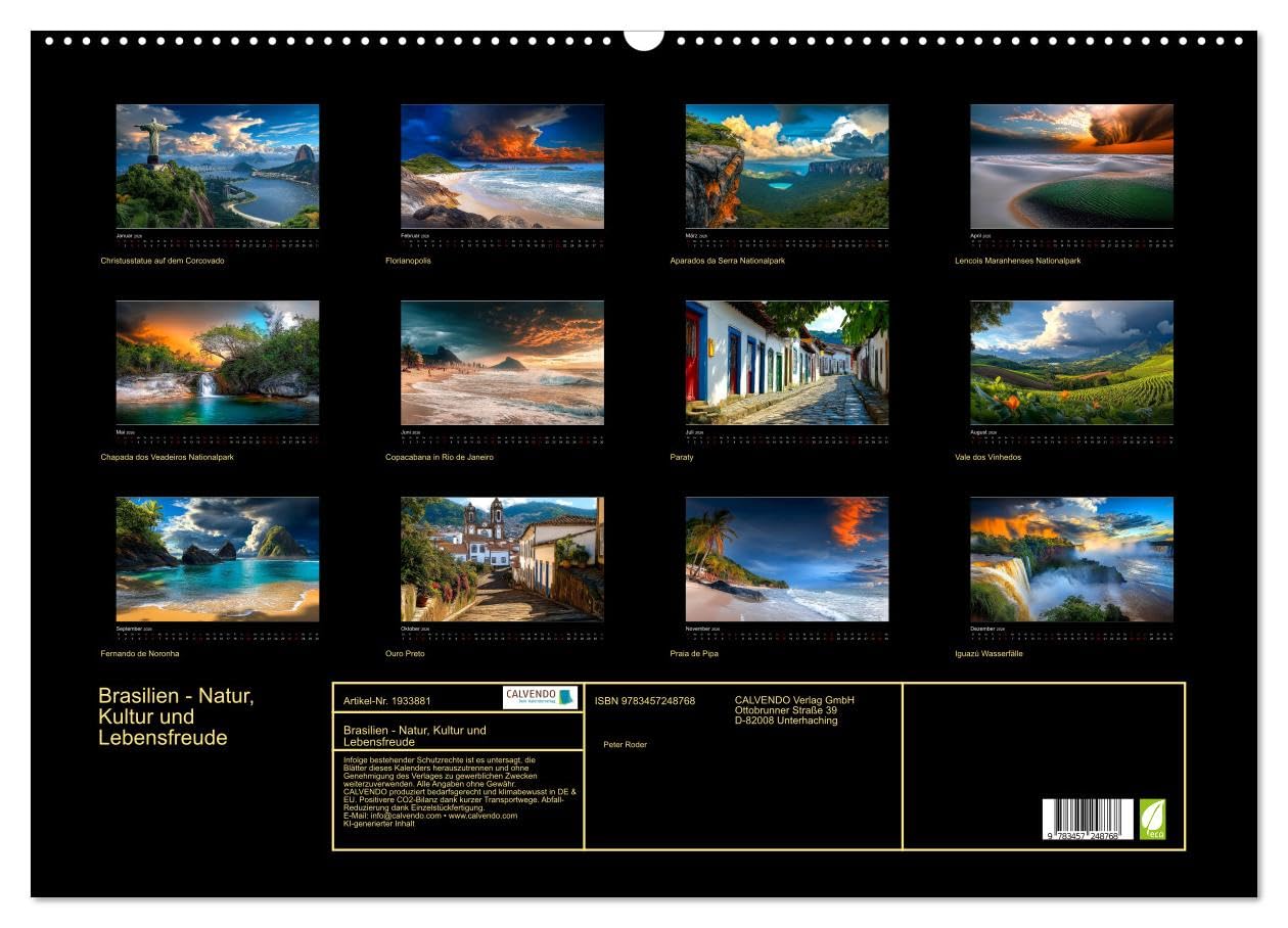 Brasilien - Natur, Kultur und Lebensfreude (Wandkalender 2026 DIN A2 quer), CALVENDO Monatskalender: Ein Land voller Rhythmus, Farben und Schönheit. (CALVENDO Orte)