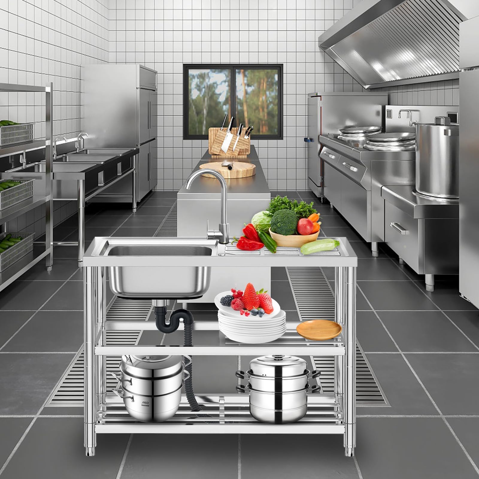Bostar Fregadero de Cocina Independiente de Acero Inoxidable 75x40x80cm, Lavadero de Un Seno para Agua Fría/Caliente, Mueble con Estante de Almacenamiento para Exterior Garaje Jardín
