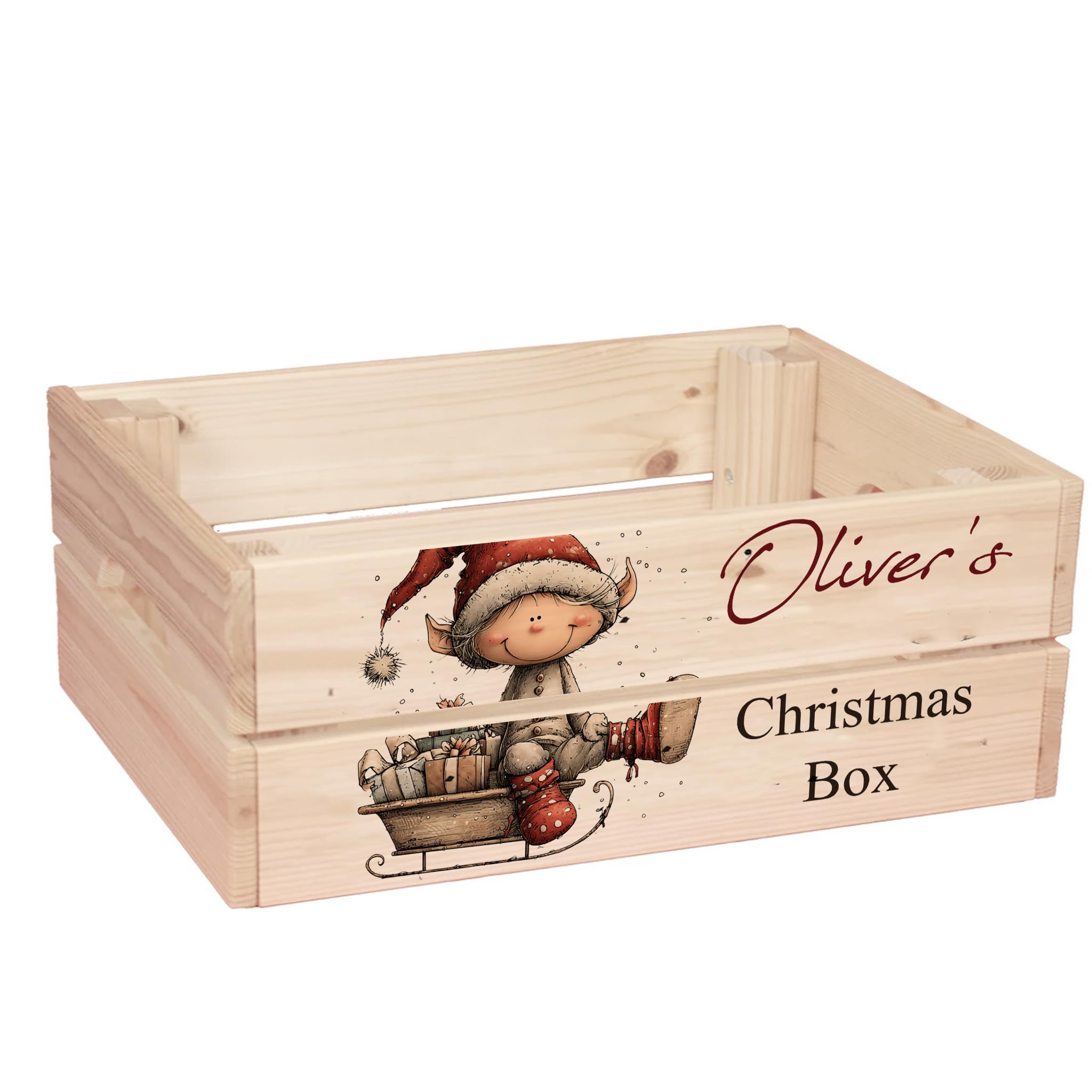 ukgiftstoreonline Personalised Christmas Eve Box with Santa, Trees, Reindeer, Snowman Designs, Wooden Storage Crate, 30.5 x 25 x 12 cm, Holiday Presentation Box with Side Handles (ELF-2) โ image 1