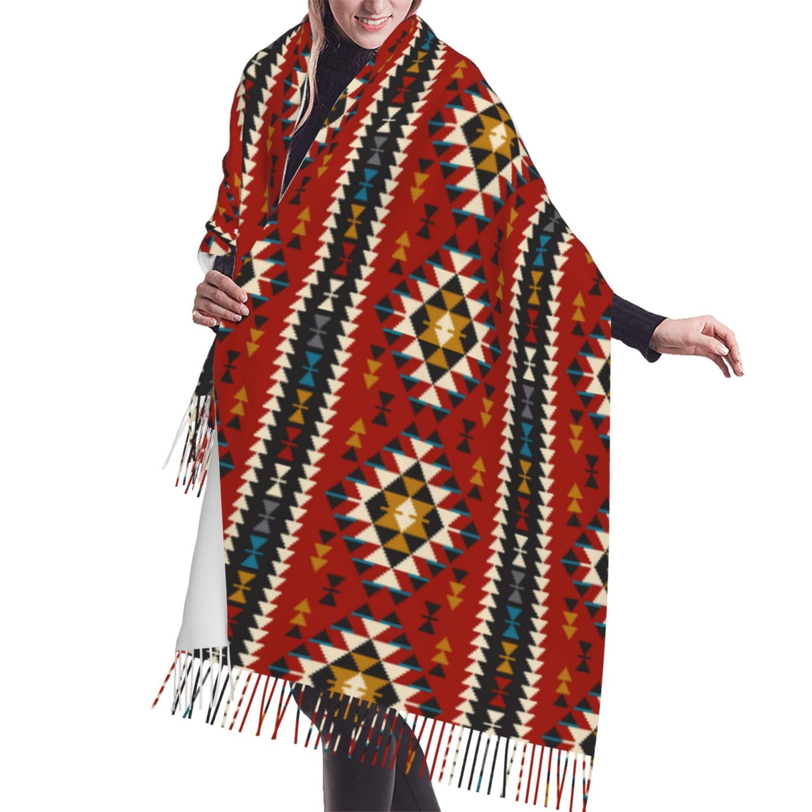 Kongny Unisex As Picture Native Southwest American Indian Aztec Navajo Women Fringed Scarf Large Soft Cashmere Feel Shawls Wraps Light Stole 196X68 Cm