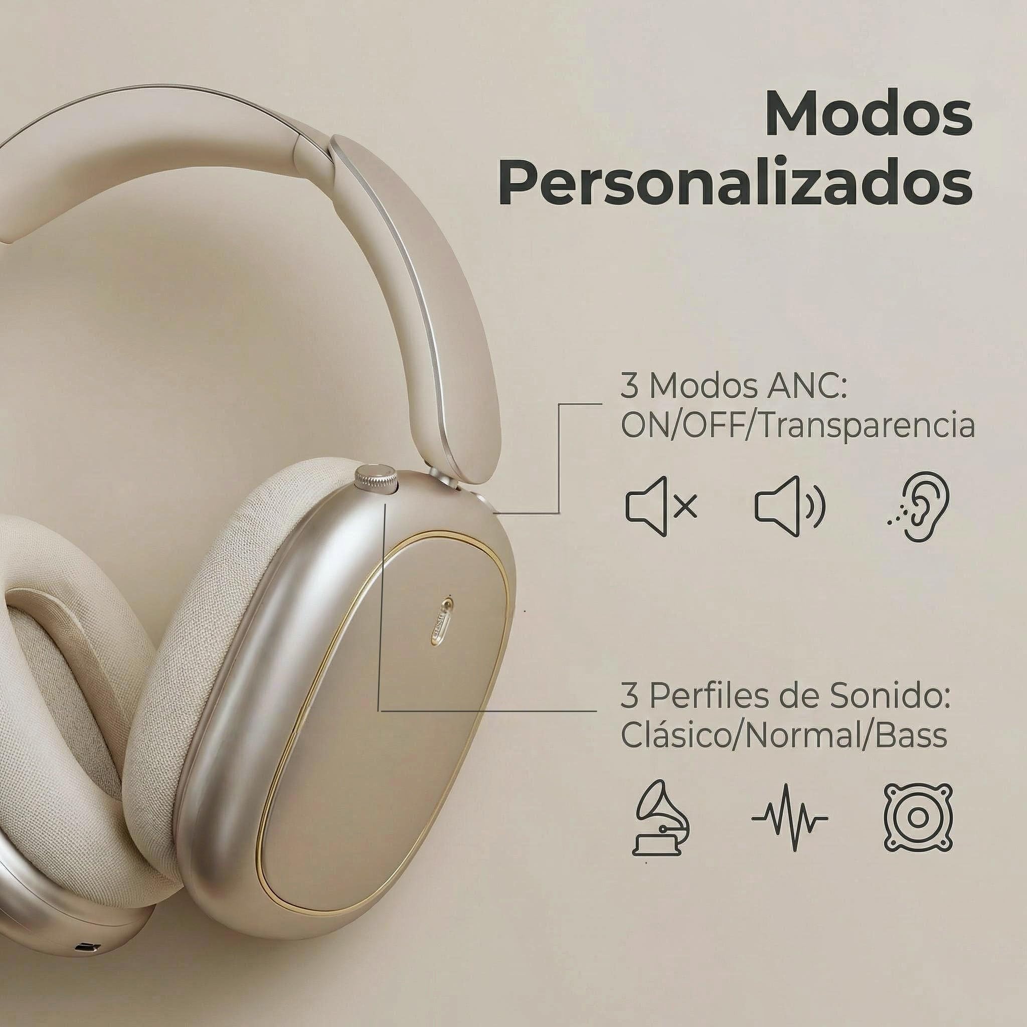 ND905-ANC Auriculares Inalámbricos Diadema Bluetooth 5.4, Cancelación Ruido Activa (3 Modos), 3 Ecualizadores, 40H Autonomía, Almohadillas Magnéticas y Conexión Dual (Beige)