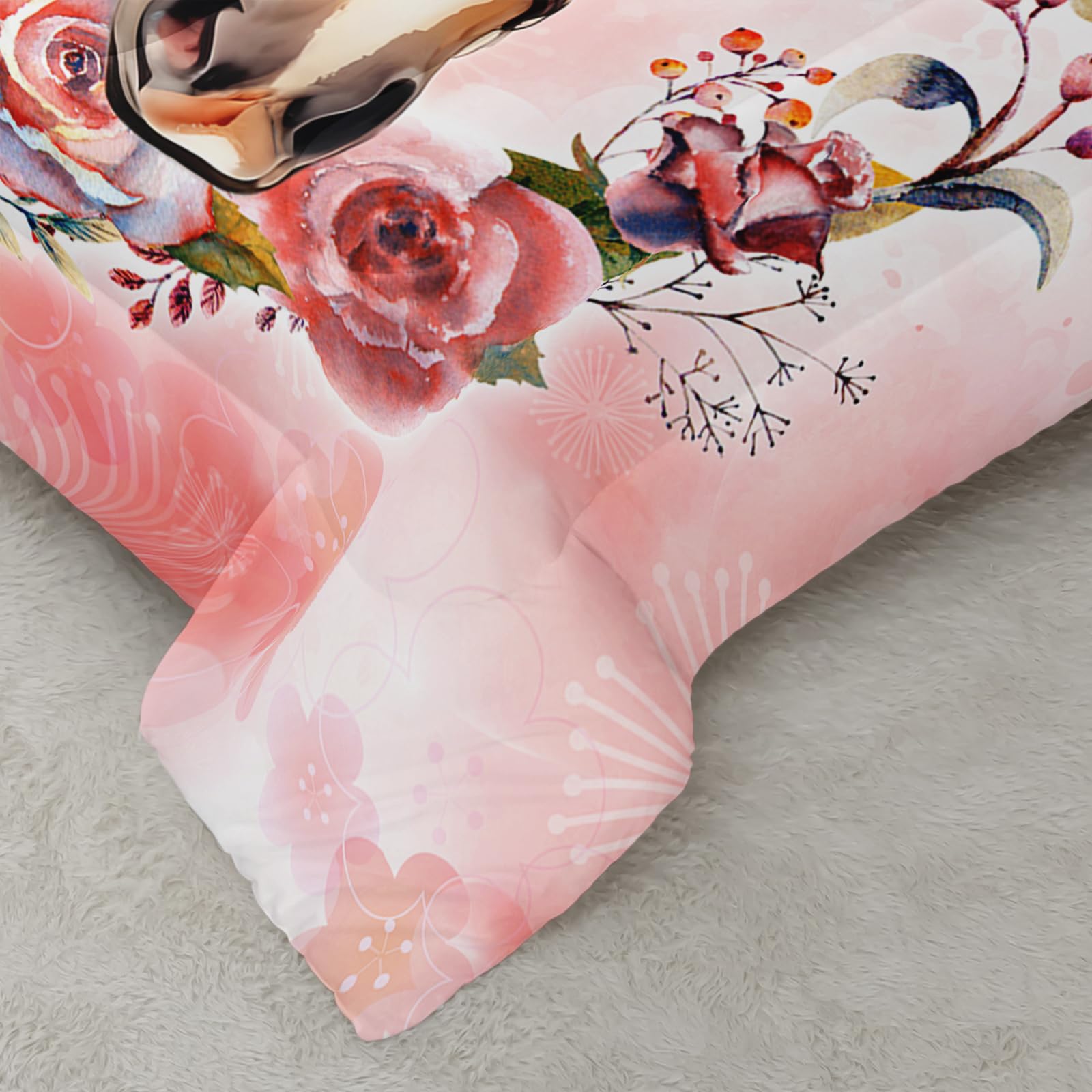 AILONEN Hermoso juego de edredón de caballo, tamaño Queen, juego de cama de caballo con aro floral para niños y niñas, juego de edredón de animales kawaii, cama temática rosa en una bolsa, microfibra