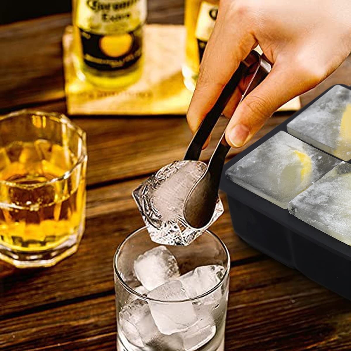 Juego de 2 bandejas para cubitos de hielo con tapa, apilables y aptos para lavavajillas, certificado LFGB y sin BPA, de silicona para cubitos de hielo para cócteles de whisky y zumos (2 unidades)