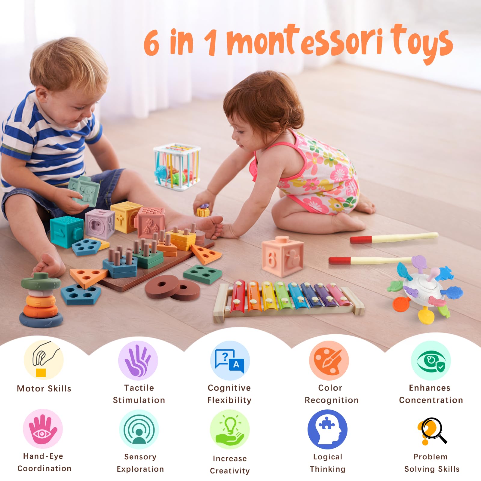 Jouets Bebe 6 en 1 Montessori Cube Activite Xylophone Jouet en Bois Cadeau pour Bebe Fille Garcon