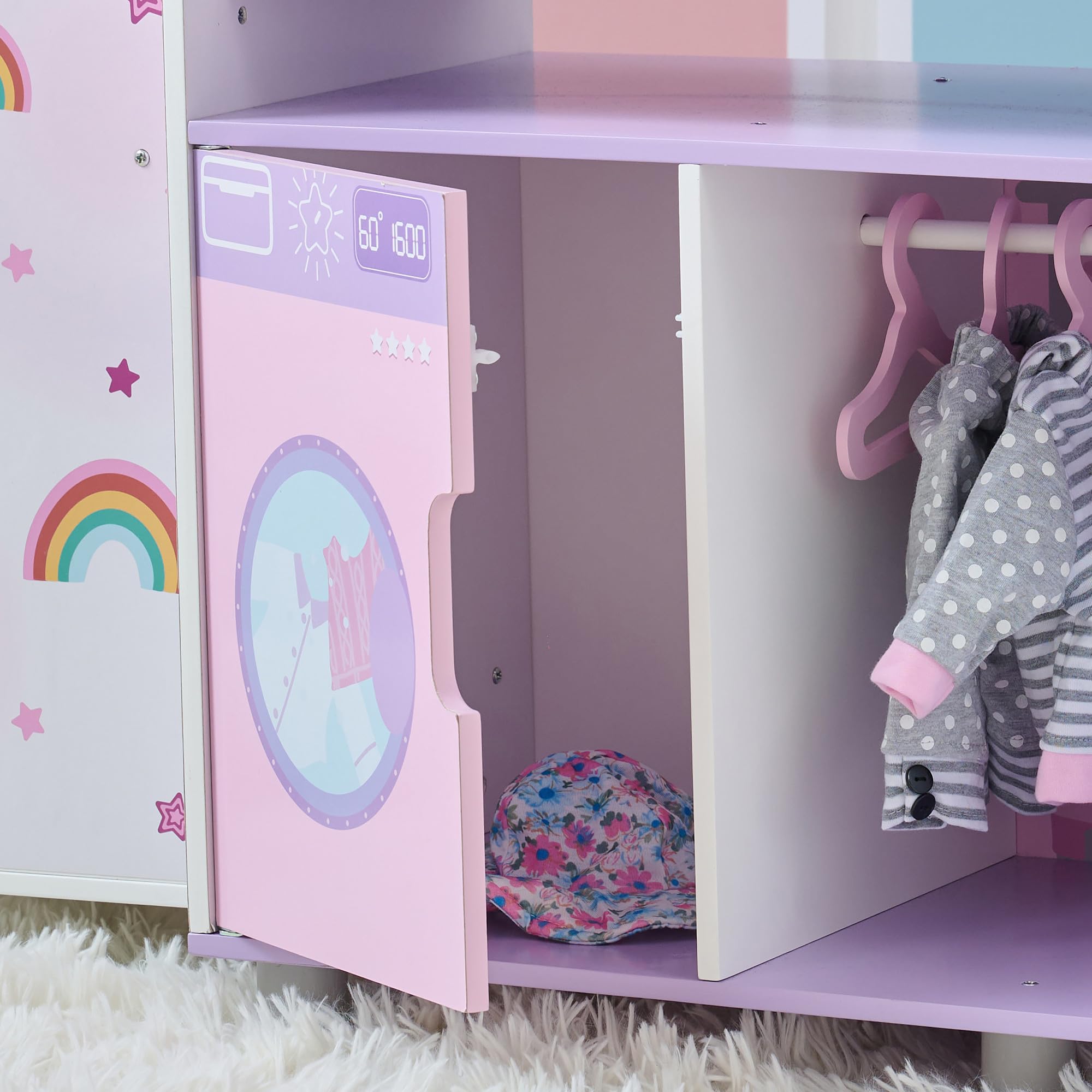Olivia's Little World Nursery 6 w 1 drewniana lalka z łóżeczkiem, zlewem, wysokim krzesłem, szafką, pralką i wbudowanym przechowywaniem