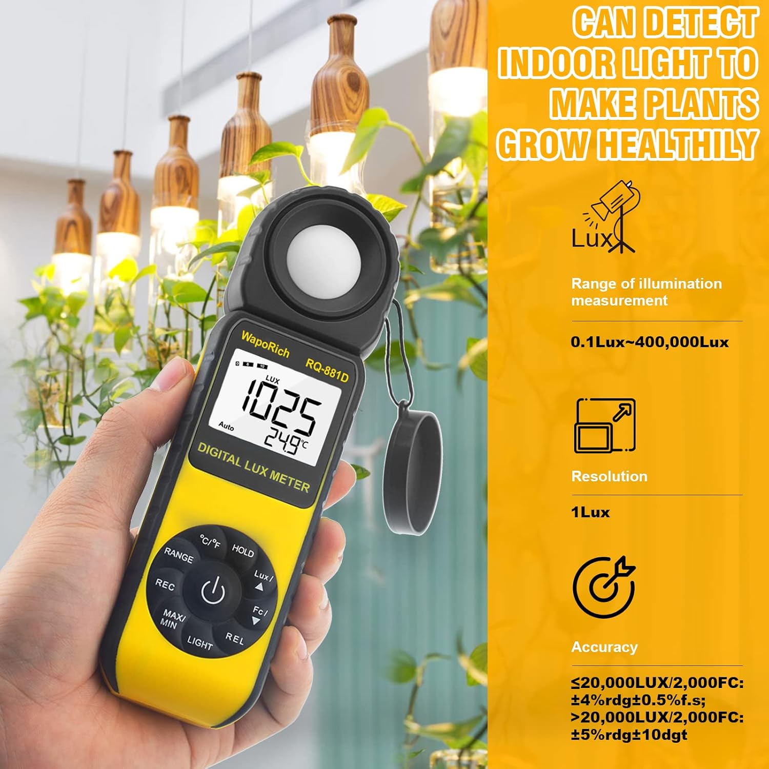 Light Meter Handheld Ambient Temperature Measures1-400,000 Lux/FC with 270° Rotatable Detector for All Visible Light, Industrial, Household, Plants and Photography - Calibration Certificate RQ-881D