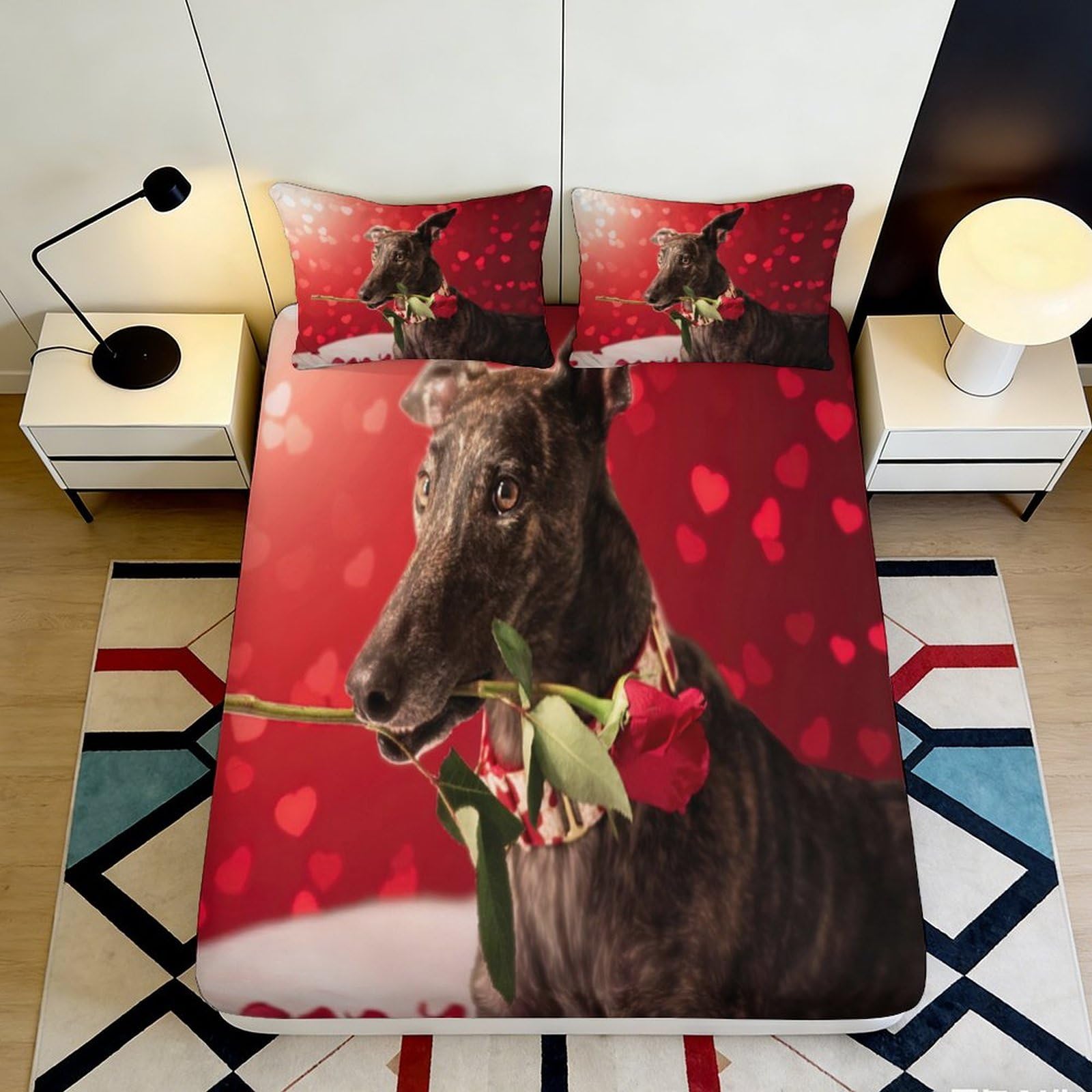 3D Printed Romantic Greyhound Dog Fitted Sheet Microfiber Red Heart Rose Bed Cover Non Slip Machine Washable for Bedroom Guest Room 180x200x25cm