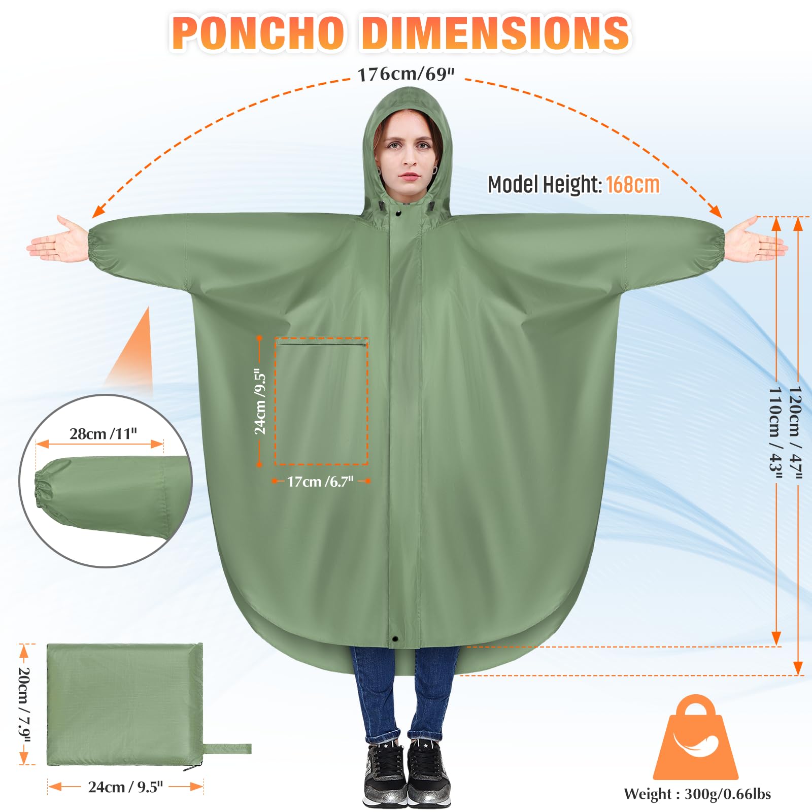 LUROON Leichter Wasserdichter Regenponcho Regenjacke Damen Herren mit Kapuze Faltbare Regencape Fahrrad mit Taschen Reflexstreifen, Wiederverwendbar Regenmantel für Wandern Angeln Radfahren Reisen