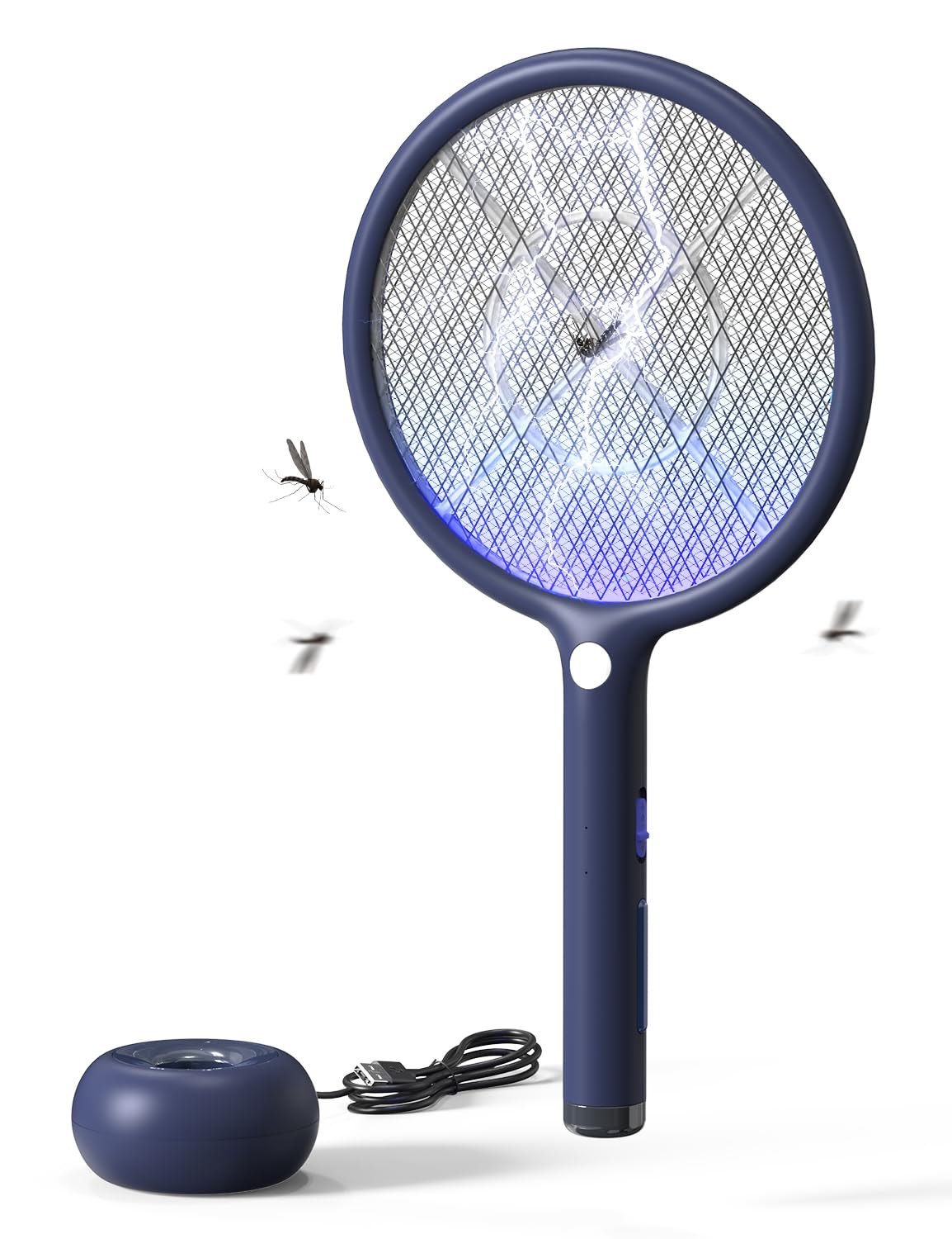 AROEVE Elektrische Fliegenklatsche, 2-in-1 Fliegenklatsche, 4000V, USB-Ladebasis, 1200mAh wiederaufladbarer Akku, Auto-Anlockmodus, LED-Licht, 3-Fach Schutznetz, für Innen/Außen, Blau
