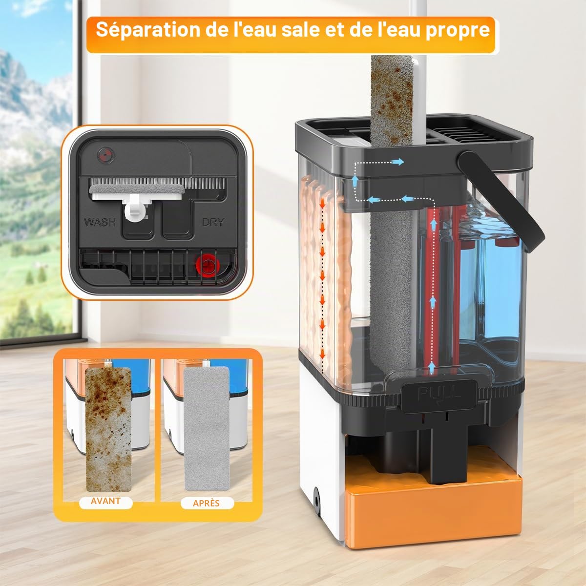 L'eau propre et sale sépare le balai plat et le seau, système révolutionnaire de serpillère plat avec 2 tampons en microfibre réutilisables, économisant de l'eau pour le nettoyage des sols stratifiés