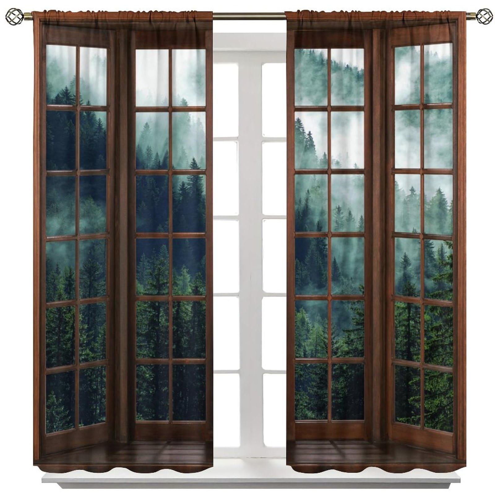 Hazuff Forest Landscape Blackout Curtains,Natural Green Primitive Misty Forest Mountains View Windows Treatments Rod Pocket Drapes for Kids Living Room Bedroom Kitchen 42x54in