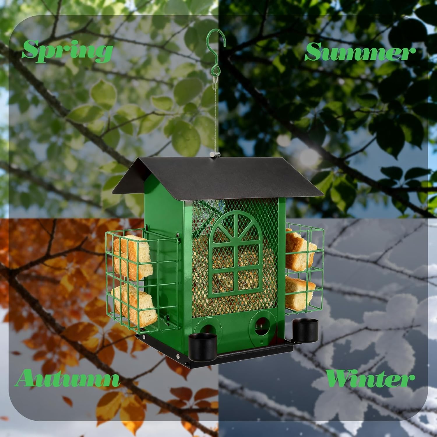 Outdoor Metal Hanging Bird Feeder Large Capacity Premium Wild Bird Feeder (Includes Bread Tray) Metal Mesh Design Multi-Compartment Food Storage Green (Green)