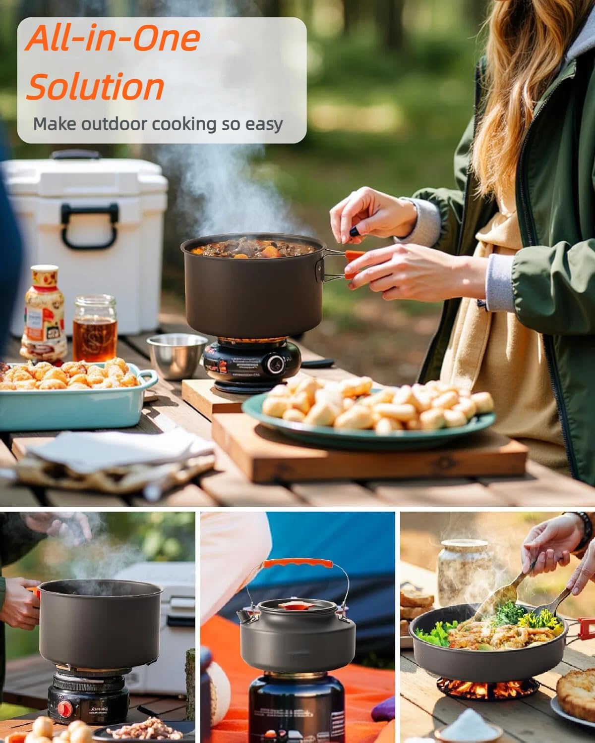 Juego de 19 utensilios de cocina para camping, equipo ligero para mochileros con olla de 0.45 galones, hervidor de 7 pulgadas, juego de equipo de cocina para campamento al aire libre con