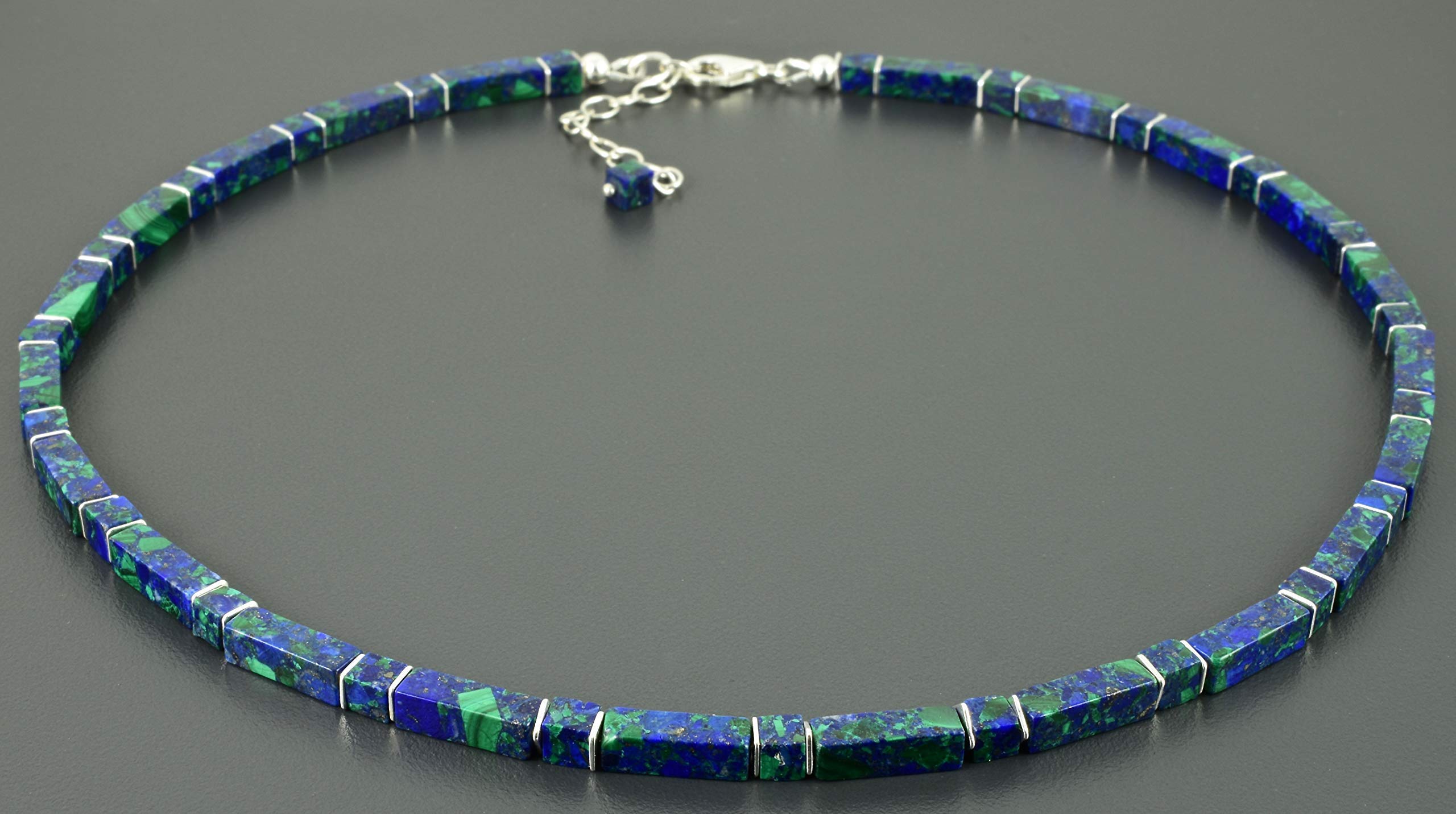Azurit Malachit-Collier, Würfel und Rechtecke mit Sterling Silber, Edelsteinkette