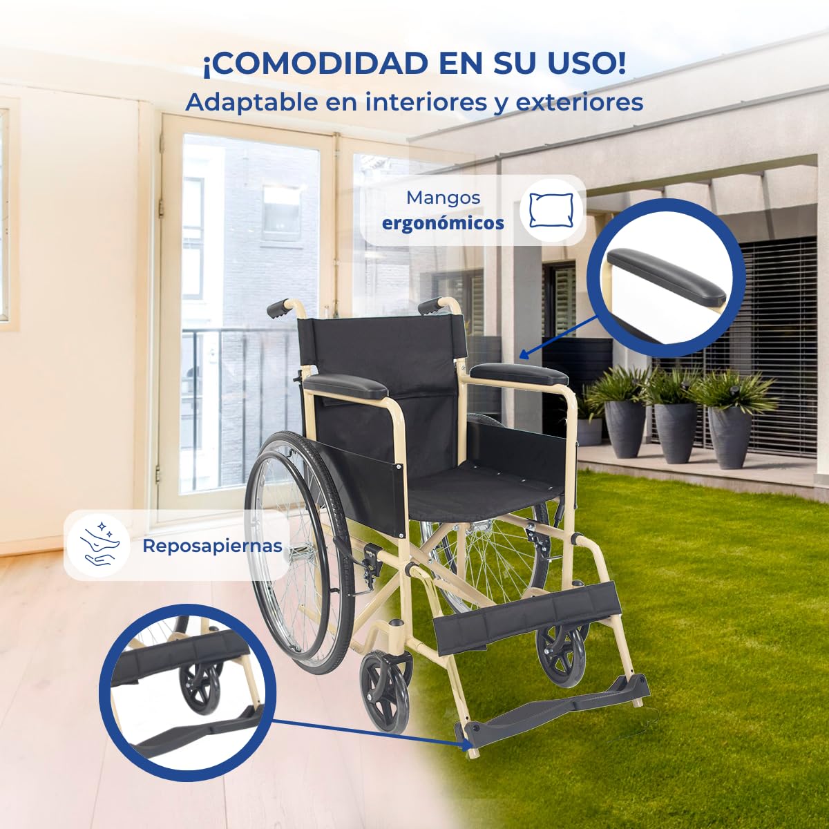 Mobiclinic®, Wózek inwalidzki składany, Denver, Siedzisko 46 cm, Hamulec ręczny, Zdejmowane oparcie, Składany podnóżek, Odporny, Dla niepełnosprawnych, Kremowo-czarny