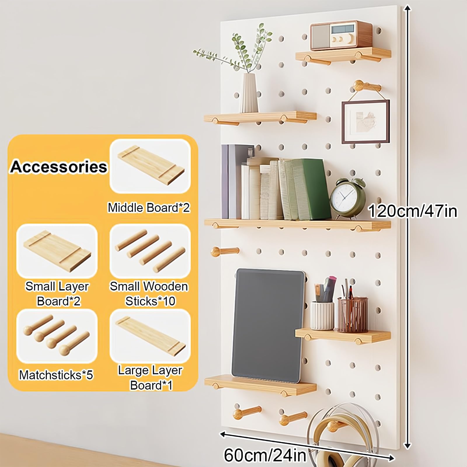 An Der Wand Montierte Lochwand aus Holz, Stecktafel-Kombinationsset, Multifunktionaler Aufbewahrungshalter für Bastelraum, Schlafzimmer, Wohnzimmer(White)