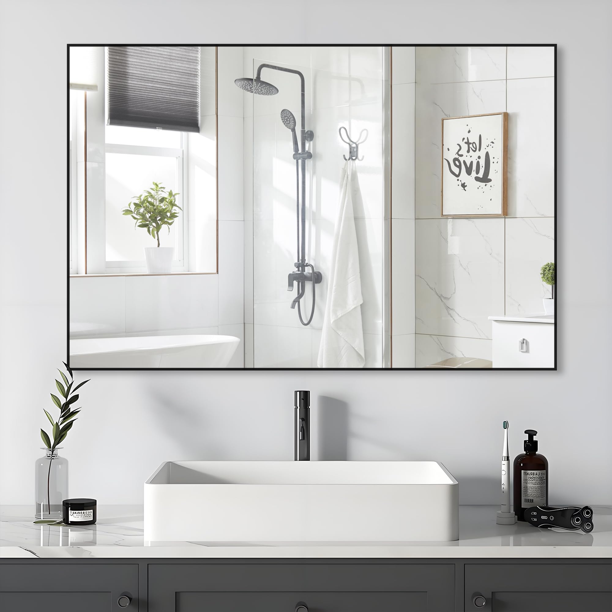 Espejo de Pared 91x61 cm Espejo de baño con Marco de Metal Negro