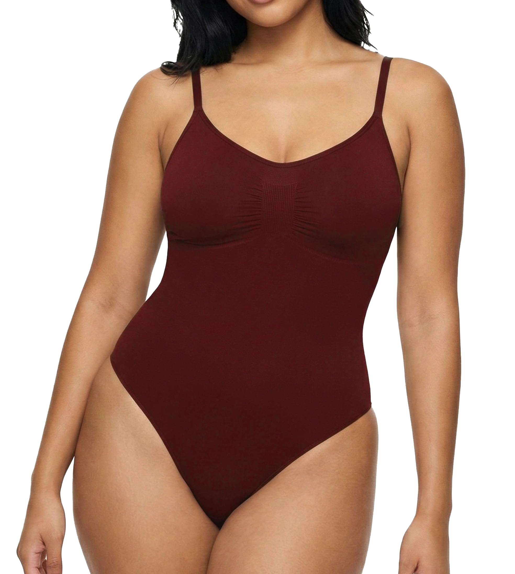 Conturve Women's Shapewear Bodysuit Tummy Control Body Shaper Seamless Sculpting Waist Body Suit Thongs (Merlot - M)